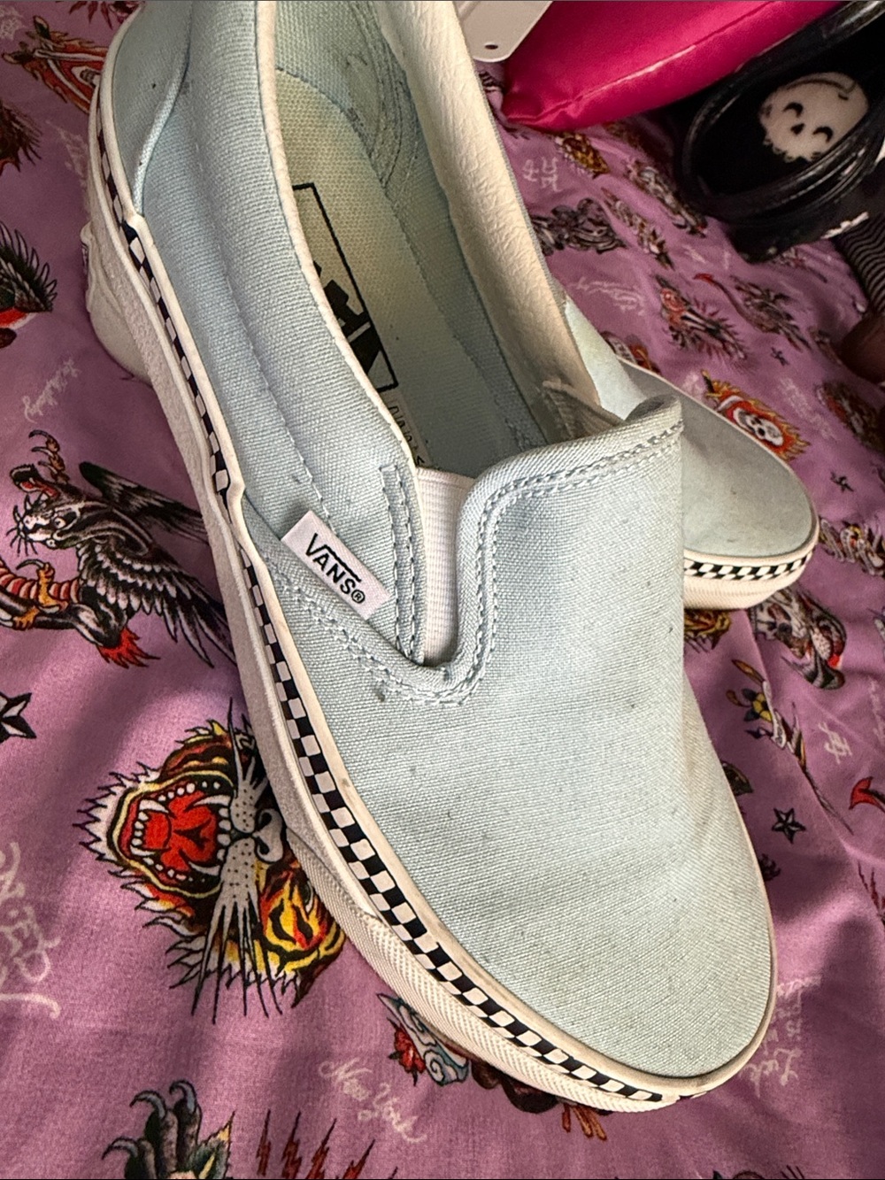 Vans Slip-On Sneakers in baby blue with Checkerboard Trim